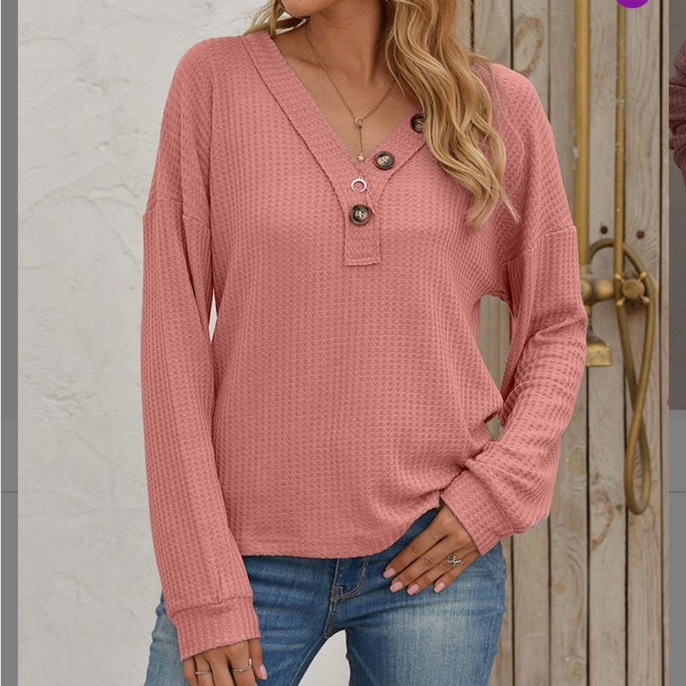 Pink Button Accent V Neck Top by Romantichut